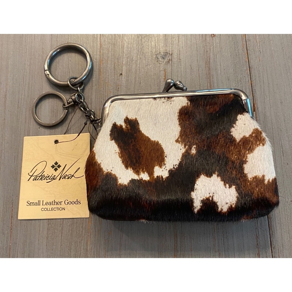 Patricia Nash Cow Print Calf Hair Leather Kiss Lock Coin Purse Keychain Black